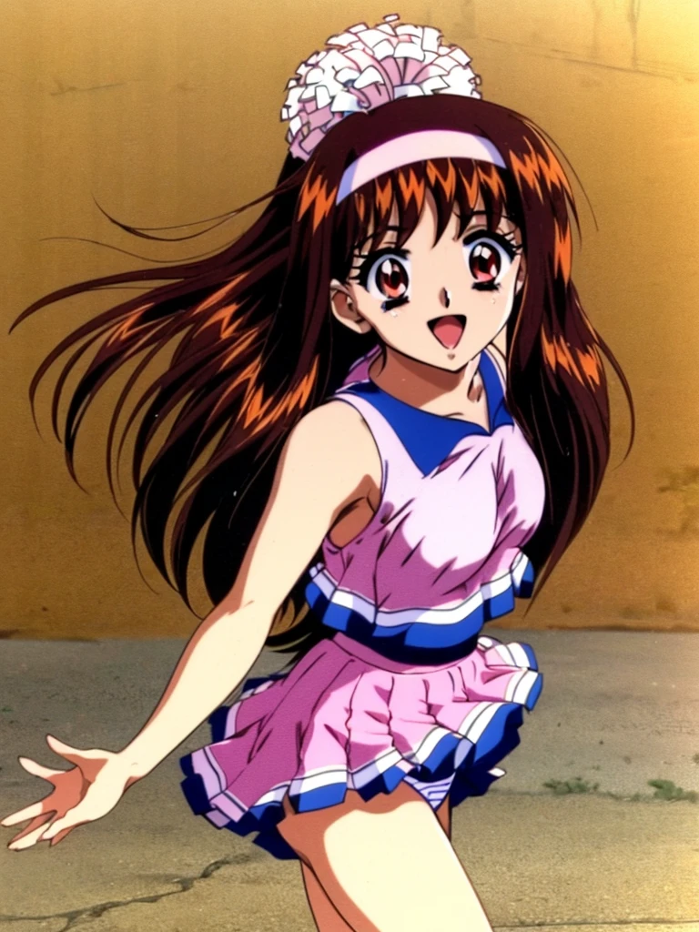 Yuuki Mizuho, One person, alone, Long Hair, hair band, Brown Hair, Red eyes, Open your mouth, blush, Lips parted, liar, (cheerleader:1.3), (pleated skirt:1.3),(crop top:1.2), sleeveless shirt, large breasts,(under boob:1.1),miniskirt, thighs,short hair,two side up, hair ornament, holding pom poms,(panties,cameltoe:1.1),(sweat:1.1), Wet,smile,open mouth,(dancing,outdoors:1.3), From above, retro artstyle, 1990s (style), expensive quality, very_expensive_solve, big_file size, Full Color,(Accurate fingertips, Browse 4, Thumb 1)