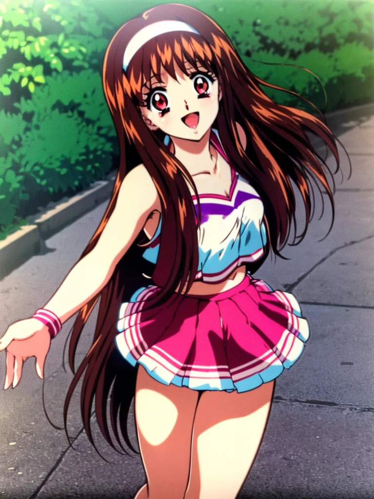 Yuuki Mizuho, One person, alone, Long Hair, hair band, Brown Hair, Red eyes, Open your mouth, blush, Lips parted, liar, (cheerleader:1.3), (pleated skirt:1.3),(crop top:1.2), sleeveless shirt, large breasts,(under boob:1.1),miniskirt, thighs,short hair,two side up, hair ornament, holding pom poms,(panties,cameltoe:1.1),(sweat:1.1), Wet,smile,open mouth,(dancing,outdoors:1.3), From above, retro artstyle, 1990s (style), expensive quality, very_expensive_solve, big_file size, Full Color,(Accurate fingertips, Browse 4, Thumb 1)