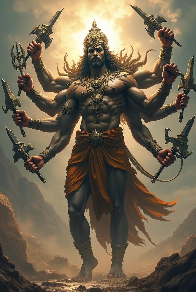 Lord veerbhadra, very muscular, with ten arms weapons, wearing tiger skin scary but divine figure