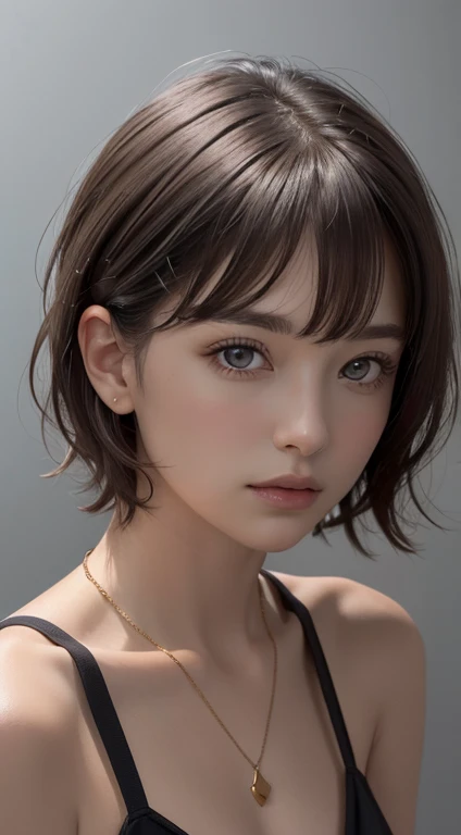 (Representative works:1.4)、(8k、Realistic、RAW Photos、Best image quality:1.4)、(30 year old mature woman)、Beautiful Face、(Realisticな顔)、(Dark brown hair、short hair:1.3)、Beautiful hairstyle、Realistic eyes、Fine and beautiful eyes、(Realisticな肌)、Beautiful Skin、Wear a pendant、charm、超High resolution、Surreal、High resolution、Golden Ratio、Gray background