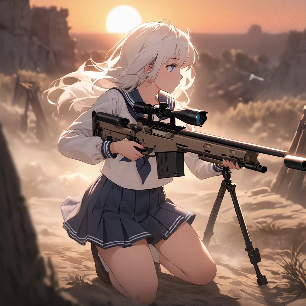 One woman,Sniper,sniper rifle,Barrett M72,A very long barrel. The woman is wearing a sailor uniform.,mini skirt,Put one knee on the ground,Blowing in the Wind ((blue eyes,White Hair)) The woman is a survival game avatar,Playing a battle royale,Whole body,Sniping,profile,Filmography,Taking aim, dust swirls.,A little blurry,sunset,sun,wilderness,It's going to be slaughtered