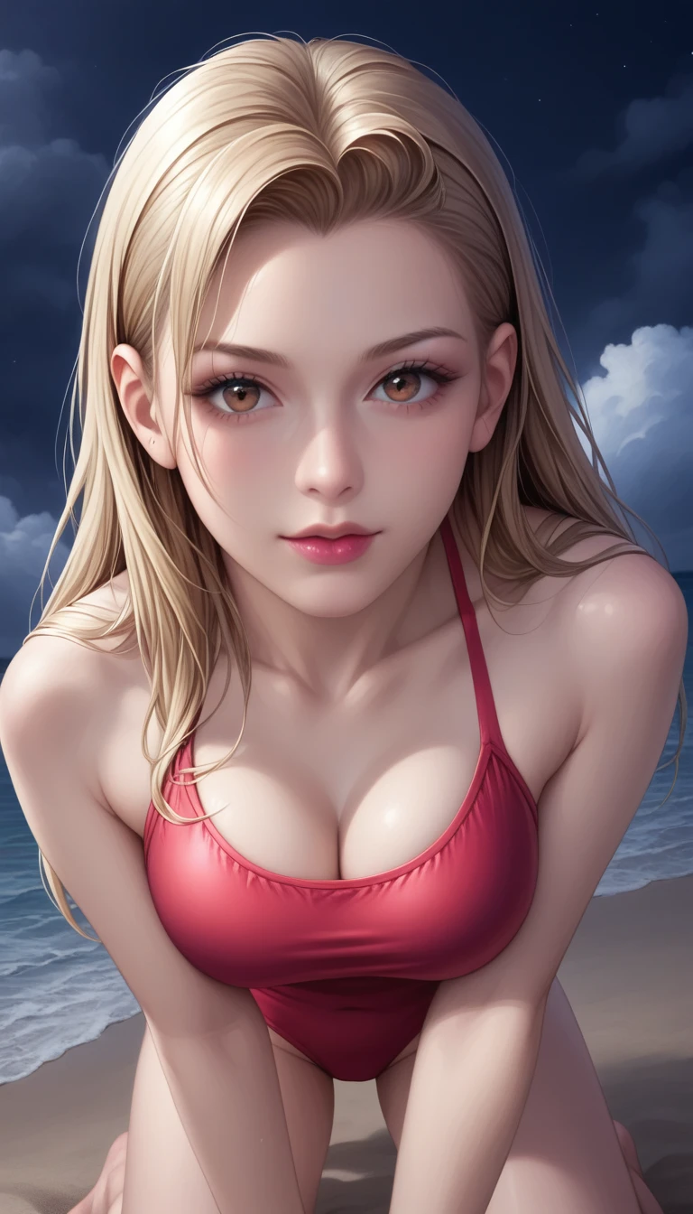 score_9, score_8_superior, score_7_superior, High-resolution CG illustration,A masterpiece in 32K resolution,Highest quality,it is really amazing,Very detailed,Ultra-high resolution,Ultra-realistic,Realistic,Increased depth of field,Cinematic lighting,
Sexy mature Japan woman,
Blonde straight long hair,Ultra-detailed and beautiful face,Calm and gentle look,Beautiful brown eyes,Translucent white skin,Realistic skin texture,Great proportions,
Elegant red swimsuit,
Simple design,Chic color scheme based on red,Detailed fabric texture,
(Dark overcast sky on a dull night:1.1),(Dark clouds filling the sky:1.1),Thundercloud,Coastline at night,Stormy seas,delay々A desolate sandy beach that continues,
Kneeling on the sand,High angle,