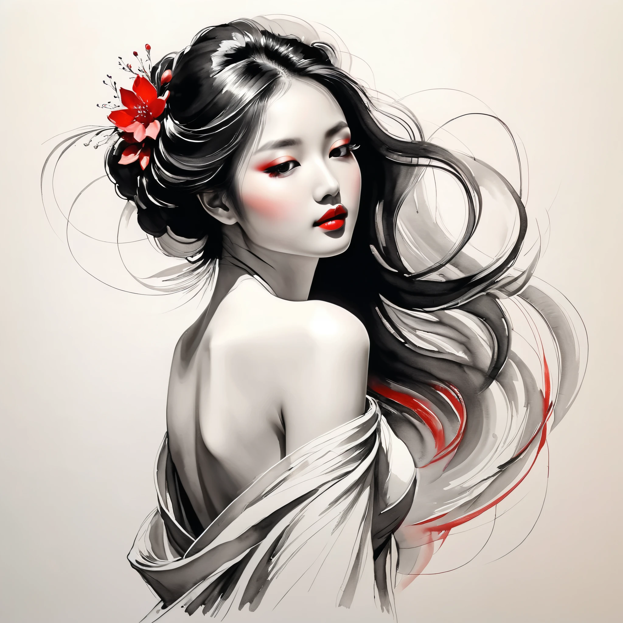 elegant maiden，black andwhite水墨画，pen sketch drawing，loose brushwork，Pen outlines delicate lines，Fluid action，Subtle shades of paint，elegant posture，A peaceful expression，Delicate facial features，black andwhite，to clean, small red color.