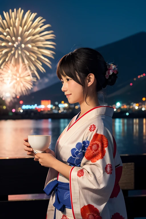 A highly realistic 4K image of a Japanese woman wearing a traditional yukata. she is standing at night, She holds a small cup of water in one hand, The scene is set before a lively fireworks festival. The fireworks illuminate the night sky with vibrant colors. background, Mount Fuji is visible in the distance, Her silhouette is subtly illuminated by the fireworks. This scene captures a peaceful and celebratory atmosphere, The woman appears serene、Her yukata is adorned with intricate patterns.