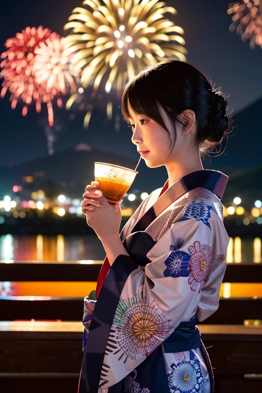 A highly realistic 4K image of a Japanese woman wearing a traditional yukata. she is standing at night, She holds a small cup of water in one hand, The scene is set before a lively fireworks festival. The fireworks illuminate the night sky with vibrant colors. background, Mount Fuji is visible in the distance, Her silhouette is subtly illuminated by the fireworks. This scene captures a peaceful and celebratory atmosphere, The woman appears serene、Her yukata is adorned with intricate patterns.