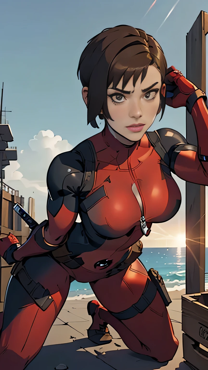 photo of mlp Meowko, RAW, beautiful woman, ((portrait)), ((detailed face:1.2)), ((anime face, anime facial feature, clear skin, glossy anime lips, clear skin), (short haircut, brunette: 1.55), (perfect proportioned body, Strong, muscular, narrow waist, narrow hips, skinny, large breasts is wearing a Lady Deadpool costume, Red and black bodysuit, deadpool plug suit, swords, unzipping, cleavage), kne a crate, splits kneeling, legs apart, aircraft carrier, military, ocean, (realistic photo, best quality, detailed), (8k wallpaper), (bright cinematic lighting, lens flares, beautiful light, (noon:1.3)) (sharp focus, intricate)