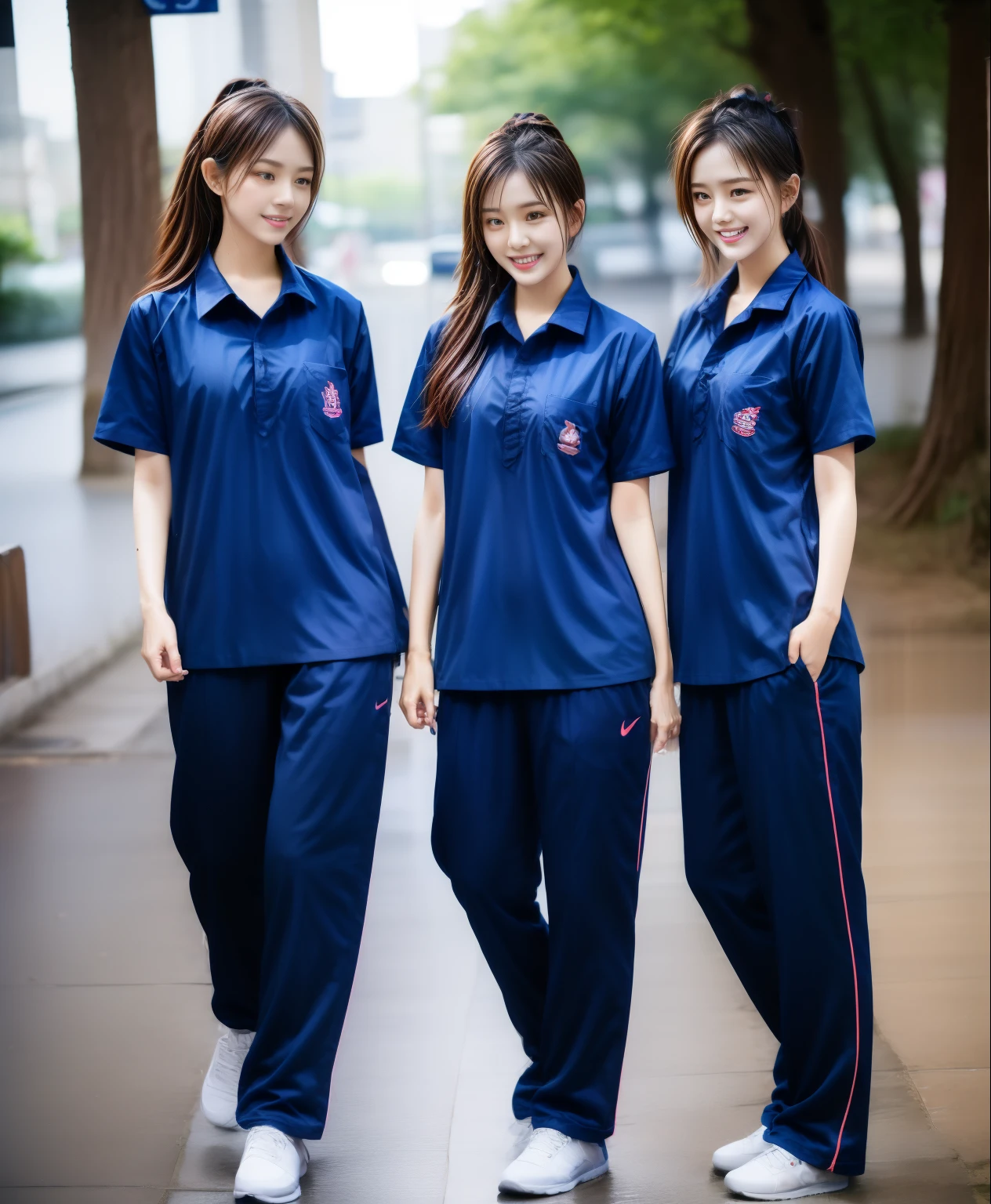 3 girls sleep on bed, Navy blue short-sleeved shirt,Navy Long Trackpant,Sweatpants, Sweatpantsขายาว,25 year old girl, lesbian, sexy, exercise clothes, wet body, exercise clothes