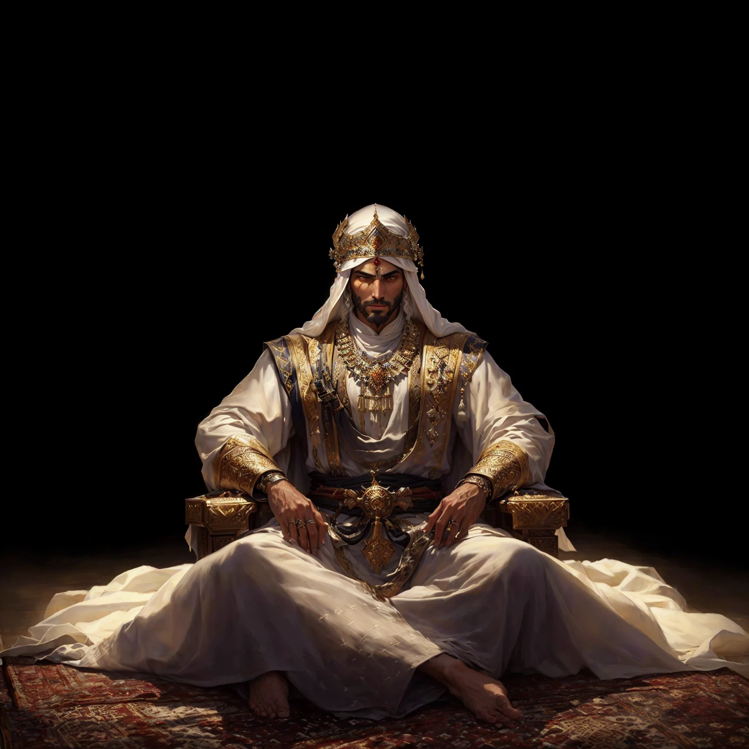 A man in a white robe sits on a rug., Bedouin portrait&d, handsome prince of persia, ancient kings in white robes, portrait of the emperor of mankind, Arab, Arab samurai, Sitting on his throne, author：Eddie Mendoza, author：Daniel Jungren, Epic and beautiful character art, Emil, author Ahmed Karahisari