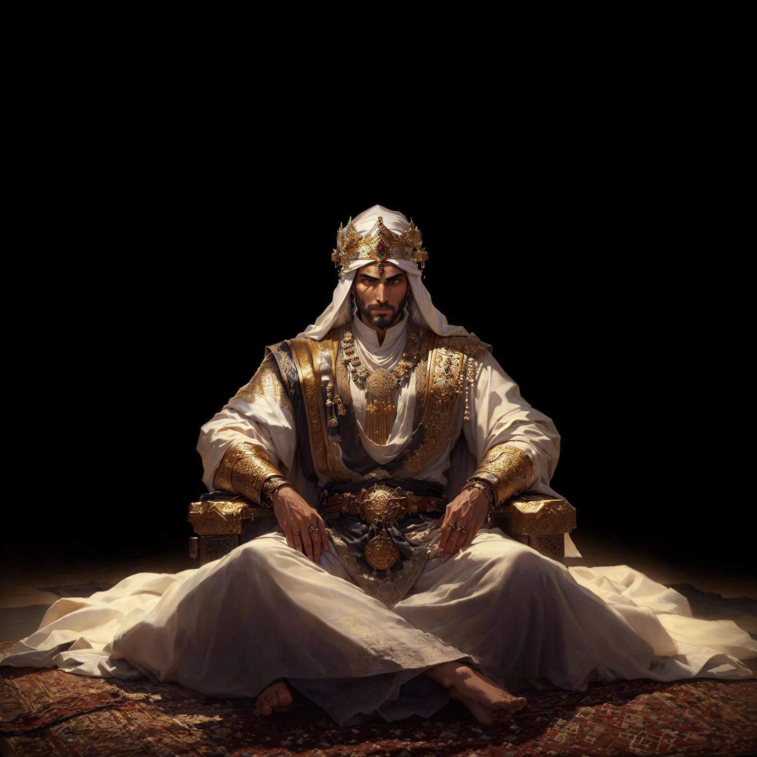 A man in a white robe sits on a rug., Bedouin portrait&d, handsome prince of persia, ancient kings in white robes, portrait of the emperor of mankind, Arab, Arab samurai, Sitting on his throne, author：Eddie Mendoza, author：Daniel Jungren, Epic and beautiful character art, Emil, author Ahmed Karahisari