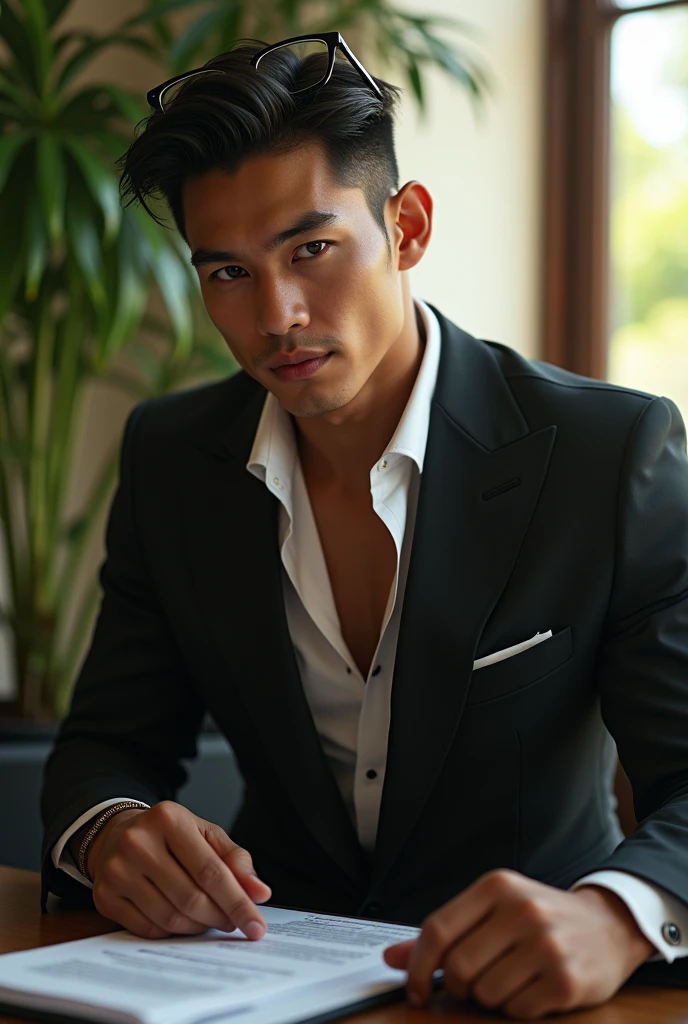 best quality, masterpiece, 8K, HD, masculine, 30 year-old filipino gentleman, very muscular, tanned skin, stylish hair, glasses on top of head, tight business suit, ((shirtspread)), vpl, papers and folders on table, tall indoor plants, big bubble butt, looking directly at camera, very seductive expression, golden ratio, sexy, god rays, soft lighting, dynamic shadows, sharp focus, perfection, no watermark