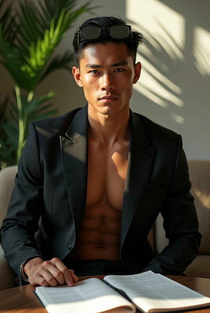 best quality, masterpiece, 8K, HD, masculine, 30 year-old filipino gentleman, very muscular, tanned skin, stylish hair, glasses on top of head, tight business suit, ((shirtspread)), vpl, papers and folders on table, tall indoor plants, big bubble butt, looking directly at camera, very seductive expression, golden ratio, sexy, god rays, soft lighting, dynamic shadows, sharp focus, perfection, no watermark