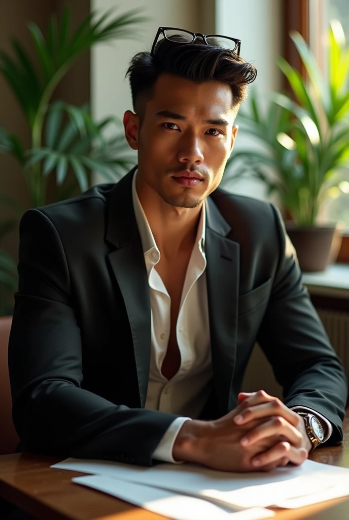 best quality, masterpiece, 8K, HD, masculine, 30 year-old filipino gentleman, very muscular, tanned skin, stylish hair, glasses on top of head, tight business suit, ((shirtspread)), vpl, papers and folders on table, tall indoor plants, big bubble butt, looking directly at camera, very seductive expression, golden ratio, sexy, god rays, soft lighting, dynamic shadows, sharp focus, perfection, no watermark