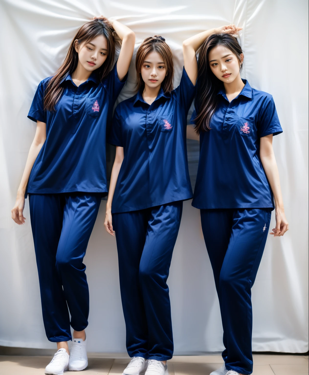 3 girls sleep on bed, Navy blue short-sleeved shirt,Navy Long Trackpant,Sweatpants, Sweatpantsขายาว,25 year old girl, lesbian, sexy, exercise clothes, wet body, exercise clothes