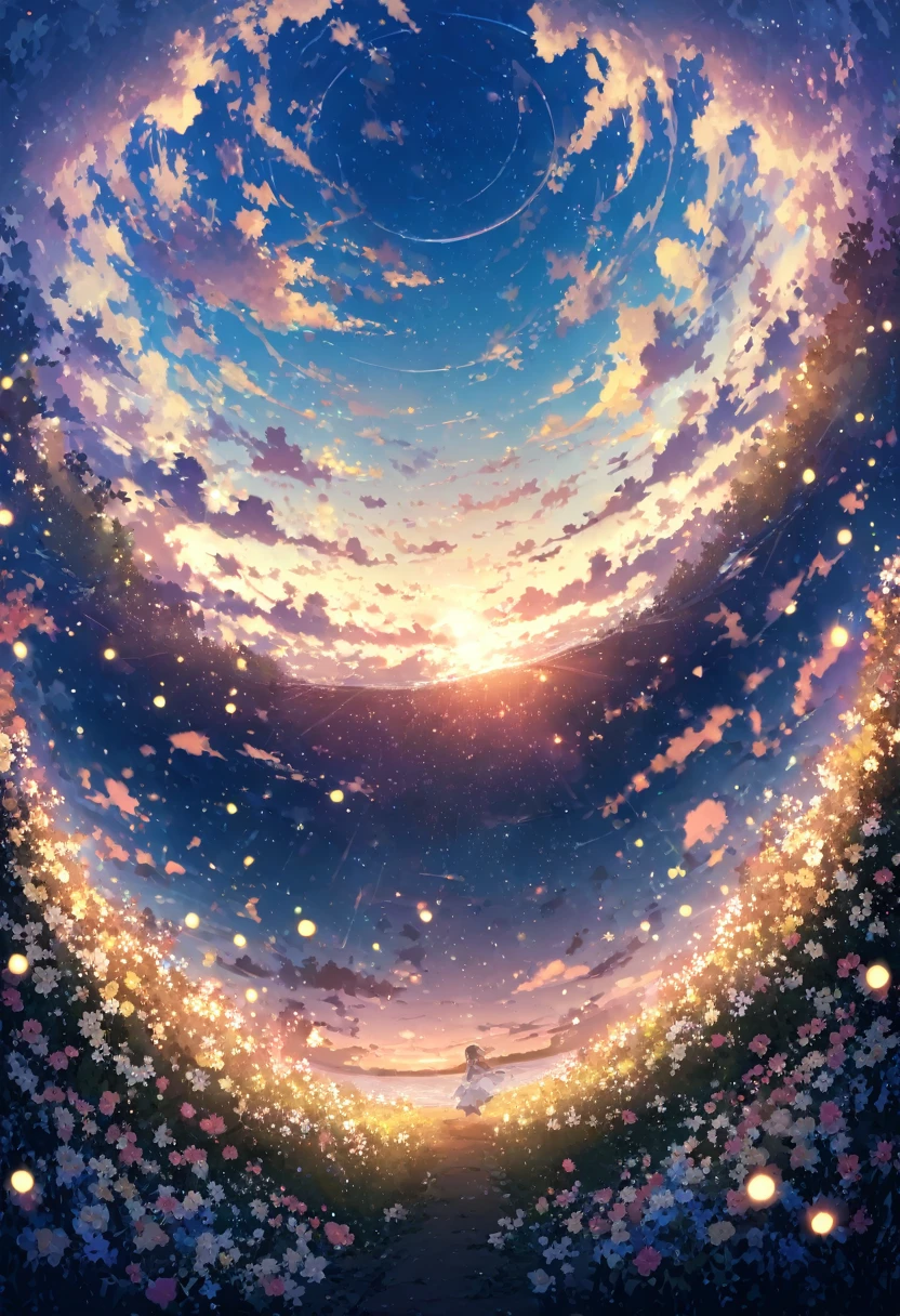 blue sky, White clouds floating in the distance, Sea of Flowers、((There is no one))、, Fairy's wand、Fireflies are flying around. The background features cloud flowers of various sizes.., dream-like, 青い色調のdream-like雰囲気. High definition anime style, High resolution. Panoramic view from above, Capturing the vastness of nature. Soft lighting creates a warm atmosphere.