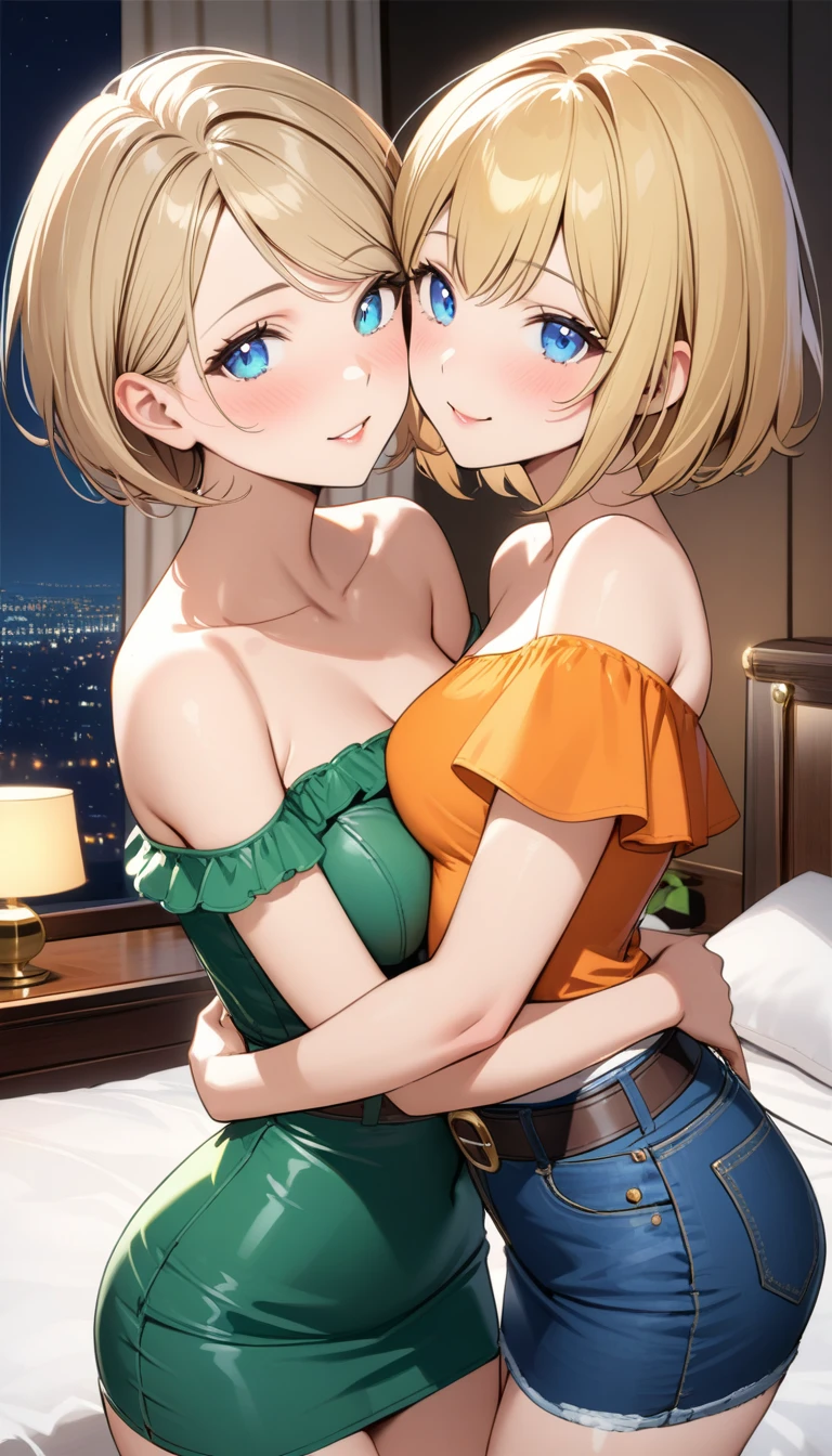 Two beautiful ladies ((lady 1: 35y old mom, with short straight blonde hair, lady 1 with blue eyes and caucasian skin, lady 1 wearing Tight Denim Skirt and Leather Belt, lady 1 Sexy Off-Shoulder Short Sleeves Orange Blouse)), ((lady 2: 13y old daughter, with short straight blonde hair, lady 2 with blue eyes and caucasian skin, lady 2 wearing Tight Denim Skirt and Leather Belt, lady 2 Sexy Off-Shouder Short Sleeves Dark Green Blouse)), luxurious jewelry, 18k gold wedding ring on left hand, standing in their bedroom at night, hugging and kissing each other, (light brown lipstick), (elegant mascara), (slim body), (small breasts), (wide hips), endjourney, <lora:GoodHands-, <lora:GoodLegs-, UHD, high resolution, (expressive eyes, perfect face, full body, expressive face, perfect body, perfect pussy, athletic, fit, slim body, blushing, Perfect makeup, eyeliner, beautiful eyelashes, smiling, horny face), ((best illumination, best shadows)), ((sexy pose))
