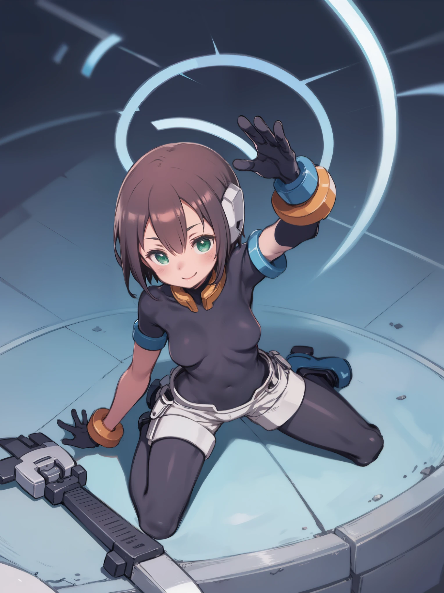 aile_megamanzx, kneeling with one hand on the ground and the other arm raised, 1girl, solo, short hair, brown hair, short sleeves, (bodysuit), robot ears, green eyes, very_short_shorts, short sleeves, short over long sleeves, smile, in futuristic city, , high quality, medium_breasts,crotch, slouch,groin,solo