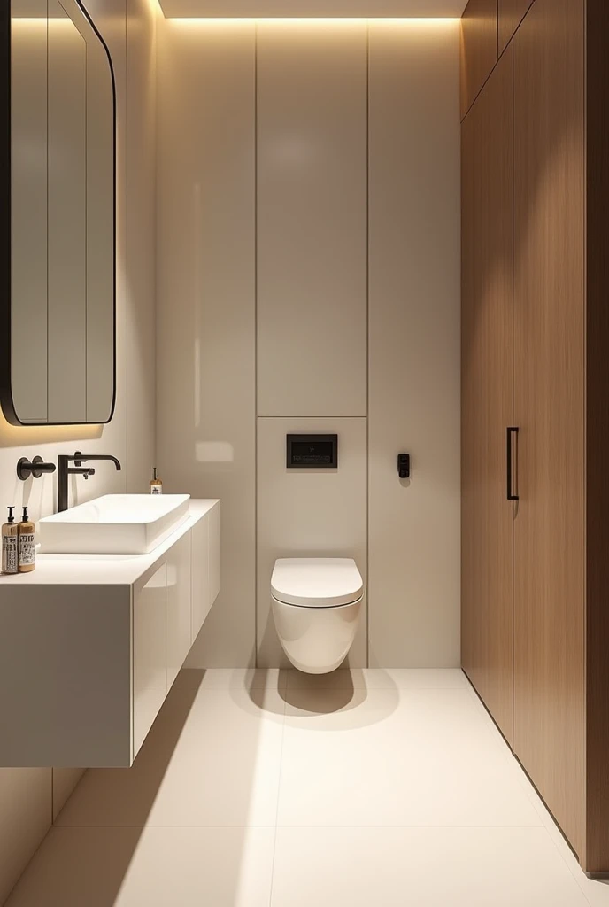 An elegantly designed office bathroom with a sign that reads "IA CCS STUDIO", featuring a minimalist style. The focus is on the cleanliness and simplicity of the space. This description is for a photograph capturing the sleek and modern aesthetic of the restroom. The image showcases the immaculate surfaces, sleek lines, and thoughtful design elements that elevate the mundane space into a sophisticated oasis. The lighting highlights every detail, creating a sense of elegance and refinement that sets it apart from typical office bathrooms.