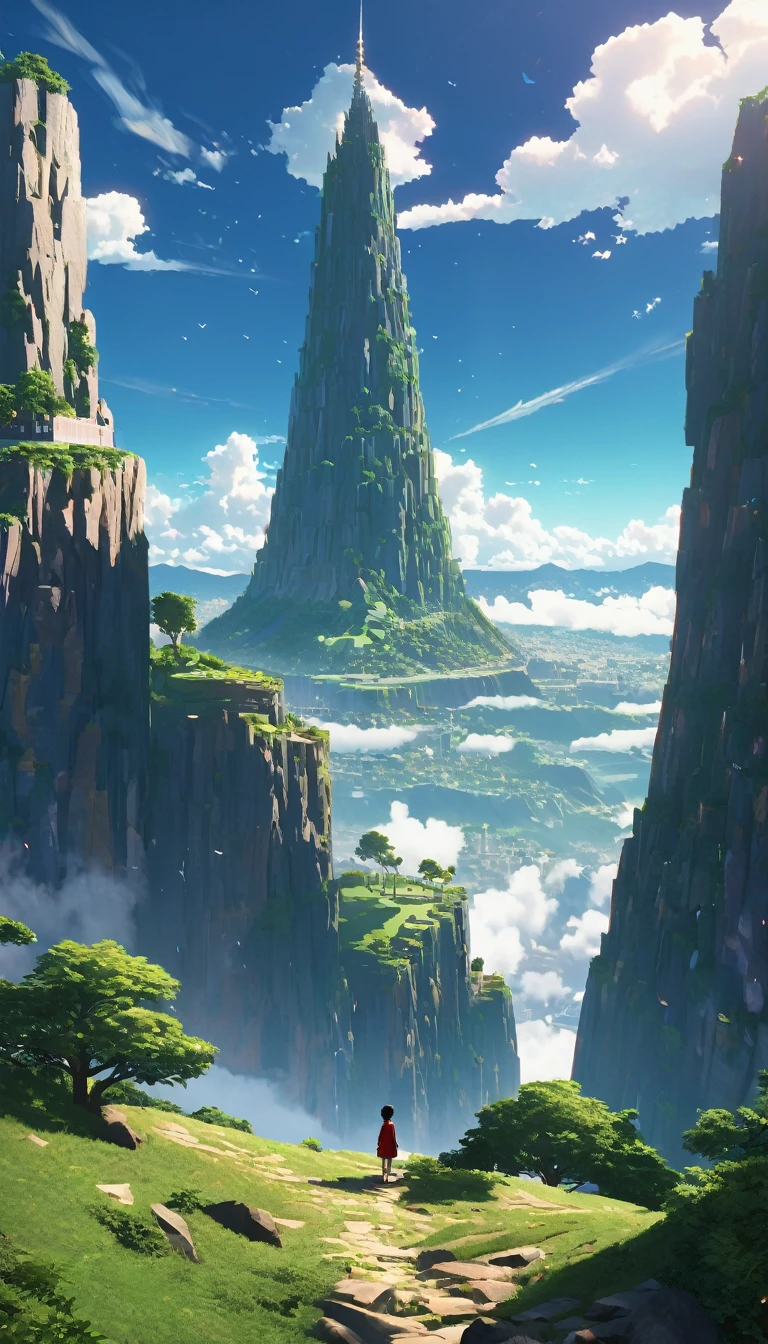 a child on a mountain towering over a city in animated, in the style of serene oceanic vistas, go nagai, vray, grandeur of scale, goro fujita, thomas cole, enchanting realms --ar 7:5 --v 5.2