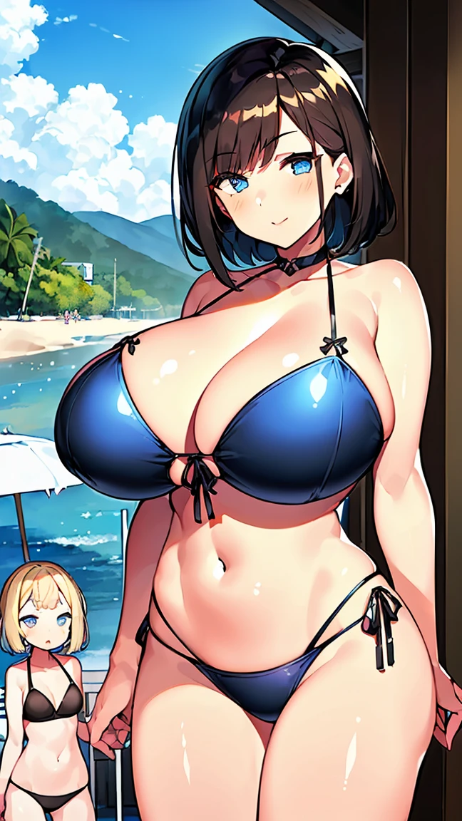 (2girls:1.6), (3mature womans:1.5)(gleaming skin:1.3), detailed eyes, mature woman, A milf with black short hair, sky-blue eyes, one eyeclosed, wearing a metallic bikini, gigantic breast,standing, beach. (crowd:1).
