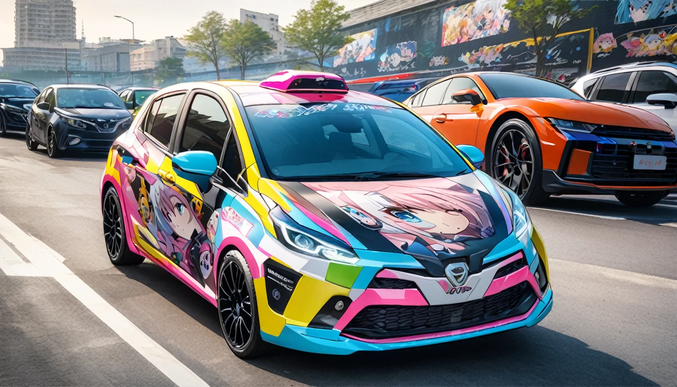 Anime Character Decoration Car, Car photography, The car is vividly designed with anime character decals all over., Portrait Painting