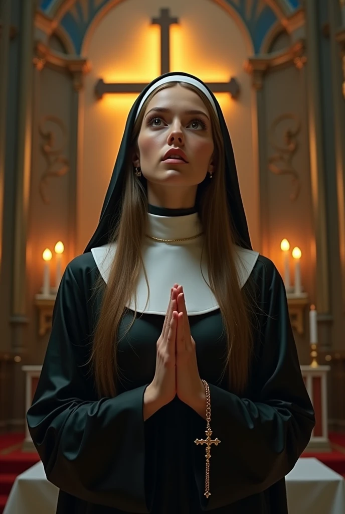 ((best quality)), ((masterpiece)), (detailed), airbrushed dream paiting style, beautiful european girl,nun, like a dream, dark eyes, very long straight ironed light brown hair combed back, latex, rubber nun suit, holding gold chain with cross, praying, nice church, big glowing cross, altar, candle, night, table ,