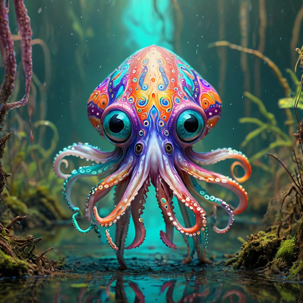 Cute colorful squid, Wildlife Photography, Ral CZMCRNBW in the swamp, 4k hdd, 8K Ultra HD, High resolution, Third Eye made by RAL CRZTGLS、psychedelic、Mandala、Seven-color background