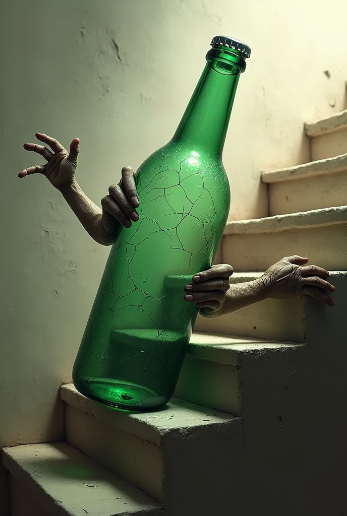 imagine a bottle have hands and have some cracks on bottle and he is donating money with his one hand and in other hand he is securing his life and slipping from stairs