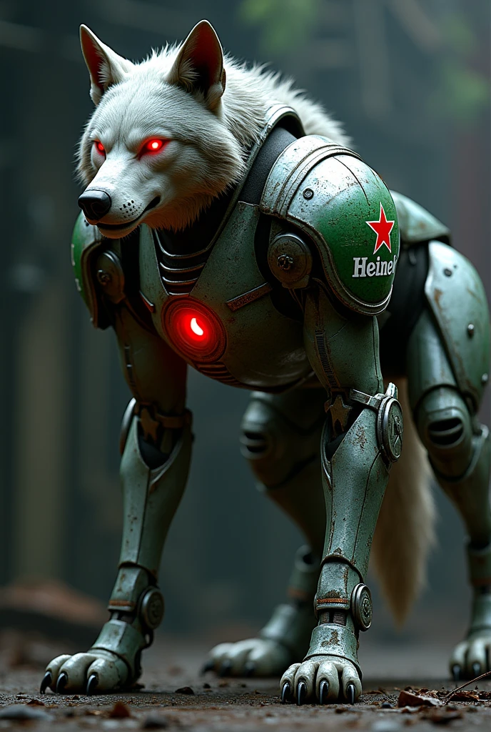 (photorealism:1.2), red-eyed cyborg wolf , Heineken armor ,muscle,