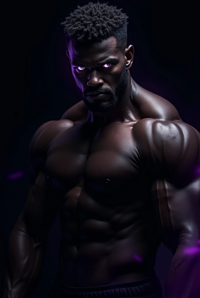A average strong guy dark black colour Only show his white eyes with best hair and purple colour in his around and back ground is black