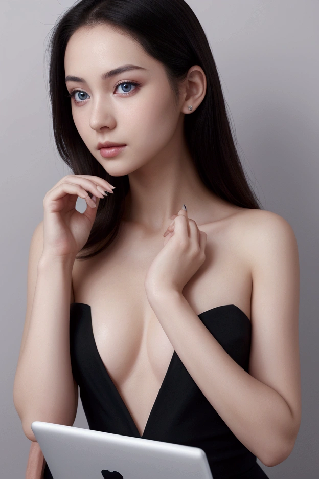 Beautiful girl with white skin, holds a closed laptop, light gray medium length hair, with bright shining eyes, Shiny skin, beautiful black manicure, pearl skin, In a black dress, professional photo, 4K, a high resolution, high detail, realistic, looks straight, holding a laptop, hair below the shoulders, blue shining eyes, standing straight, black long sharp nails, looks straight в камеру, standing straight, hyperrealism, realistic, hyper-detailed, modest