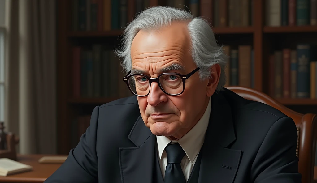 Retrato de Karl Barth, with distinctive features such as gray hair and a markedly expressive face. He is wearing a dark suit and a tie, with thin-framed glasses. Barth has a serious and thoughtful expression, with its well-defined facial features and age lines. The background can be a simple academic environment, with a work table and some books, to reflect his role as a theologian and scholar