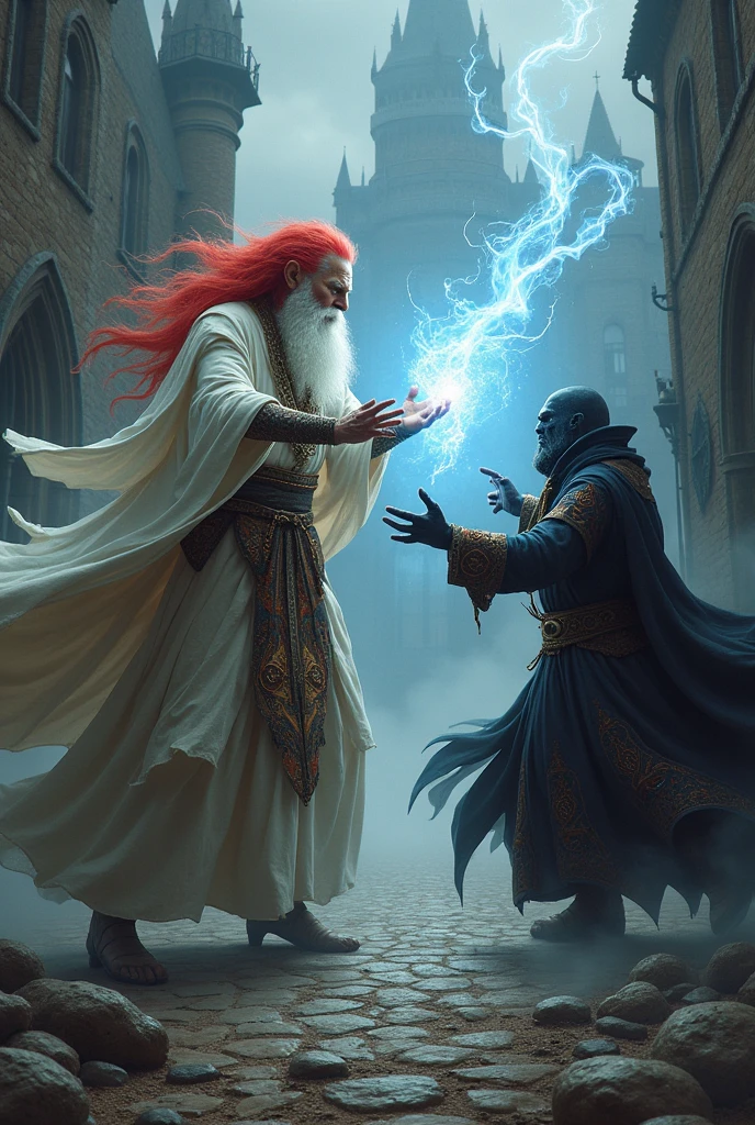 Make a tall old man with white and red hair ,In white medieval clothing, fighting a man who wears medieval-style supervillain clothes, has medium-length brown hair, and has powers of dark energy