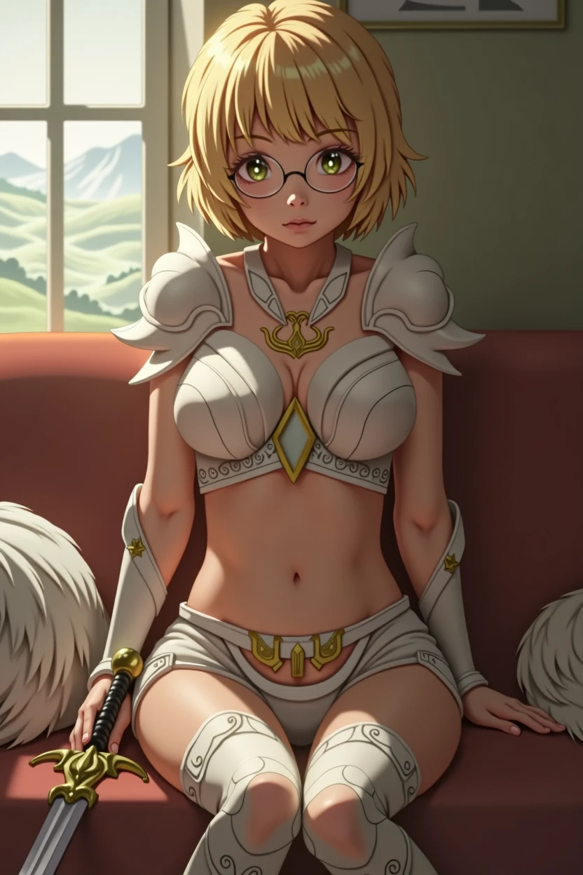 Short blonde haired girl with glasses standing with a legendary pegasus sword and pegasus armor, (very well detailed and similar