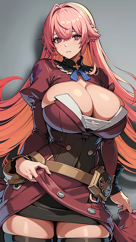 High detailed, 1 girl, solo, -blue colored gigantic large hair, Bangs yellow, multicolored hair, purple eyes,  busty, firm chunky body, burgundy shirt, , deep cleavage, Juliet sleeves, pencil skirt, black thighhighs, red gloves, holding her own hands, Sad eyes