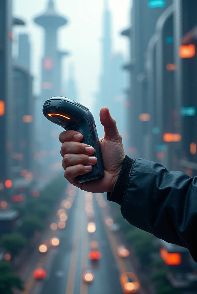 Futuristic device gripped in a hand with a future city background
