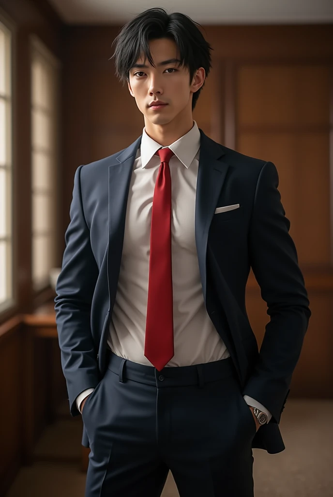 1 handsome Japanese guy,27years old,Lawyer,Formal shirt and red tie, Lawyer服, Professional Dress, Preparing for court, Handsome and elegant, Wearing a uniform, sexy abstinence, in blouse wearing, Masculine and handsome,musculous,Muscles look good,hairy bodies,with fair skin,黑The eye(thin eyes 1:3),Full body photo,lewd face, tight chest, provocatively, unbutton buttons ,sexy