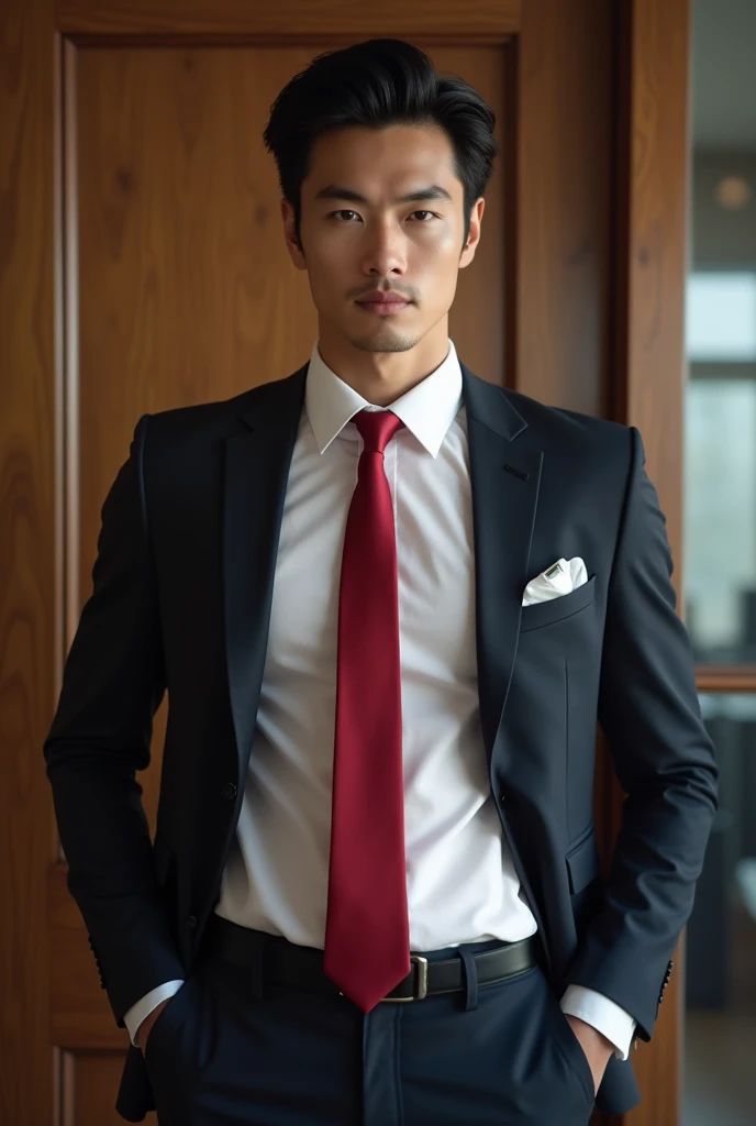 1 handsome Japanese guy,27years old,Lawyer,Formal shirt and red tie, Lawyer服, Professional Dress, Preparing for court, Handsome and elegant, Wearing a uniform, sexy abstinence, in blouse wearing, Masculine and handsome,musculous,Muscles look good,hairy bodies,with fair skin,黑The eye(thin eyes 1:3),Full body photo,lewd face, tight chest, provocatively, unbutton buttons ,sexy