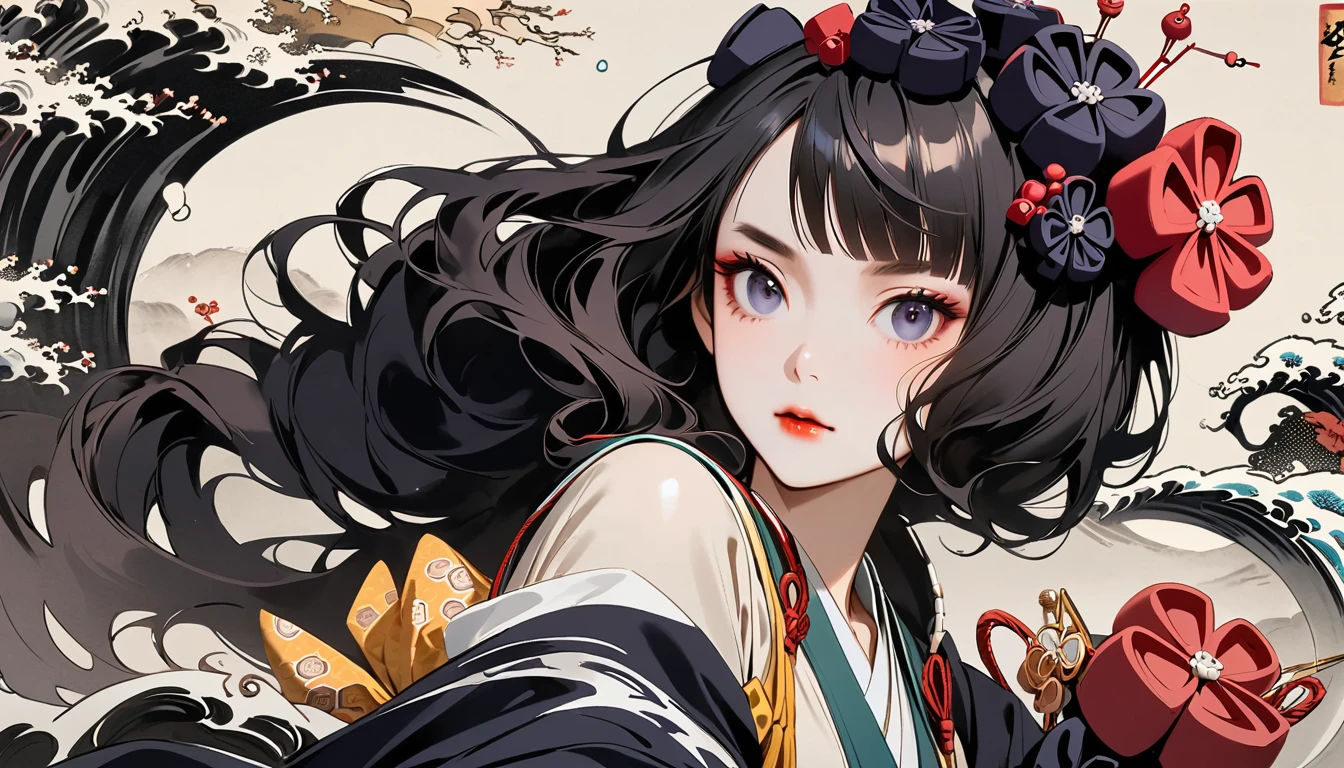 (((skull mask))), (((Katsushika Hokusai))), (((Ink Painting))), ((very straight longhair)), ((1 girl)), ((beautiful girl)), Japanese style headphones, Black Hair, Delicate and precise, Modern ukiyo-e style