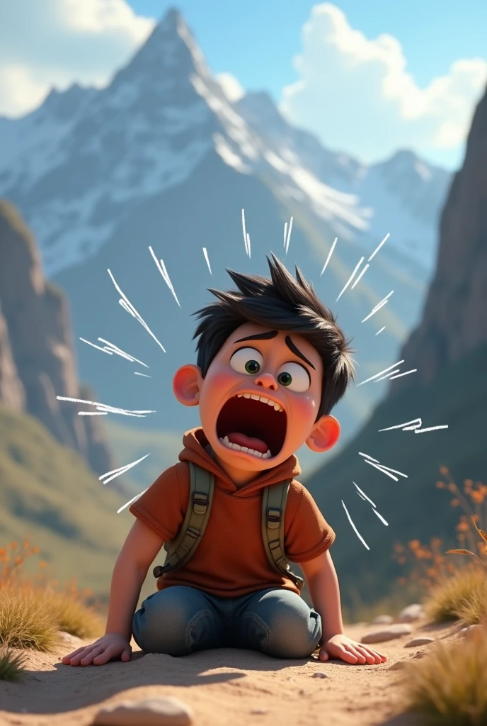 Need 3d animation style
Son Falls and Screams:Scene Description: The son has tripped and fallen at the back of his father
, sitting on the ground with a pained expression. He is screaming, “AAAhhhhhhhhhhh!!!” The sound is visually represented as waves or lines emanating from his mouth.Visual Elements: Emphasize the fall with dynamic action lines and a look of pain on the son's face. The mountainous background should be included, showing the echo effect.