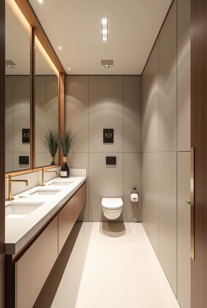 An elegantly designed office bathroom with a sign that reads "IA CCS STUDIO", featuring a minimalist style. The focus is on the cleanliness and simplicity of the space. This description is for a photograph capturing the sleek and modern aesthetic of the restroom. The image showcases the immaculate surfaces, sleek lines, and thoughtful design elements that elevate the mundane space into a sophisticated oasis. The lighting highlights every detail, creating a sense of elegance and refinement that sets it apart from typical office bathrooms.