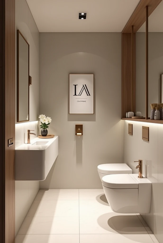An elegantly designed office bathroom with a sign that reads "IA CCS STUDIO", featuring a minimalist style. The focus is on the cleanliness and simplicity of the space. This description is for a photograph capturing the sleek and modern aesthetic of the restroom. The image showcases the immaculate surfaces, sleek lines, and thoughtful design elements that elevate the mundane space into a sophisticated oasis. The lighting highlights every detail, creating a sense of elegance and refinement that sets it apart from typical office bathrooms.