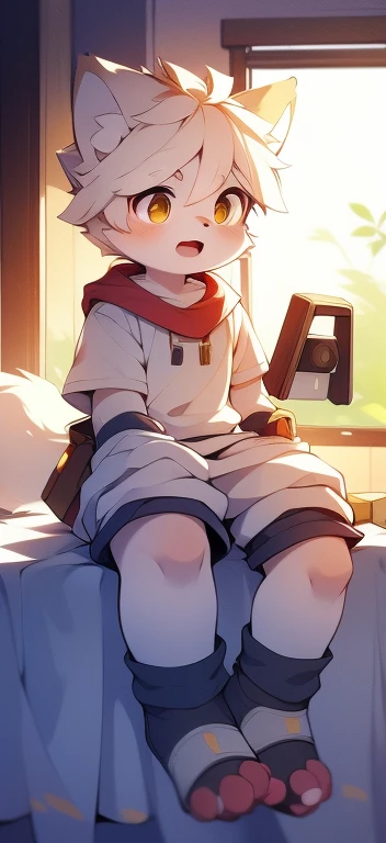 Unique,cannon,arctic fox,male,hairy,best quality,Boys,Shota,human nature,paw,hairy tail,Golden Sun Rune,Lovely,Sparkling golden eyes,Sitting on the bed,White socks,Open your mouth