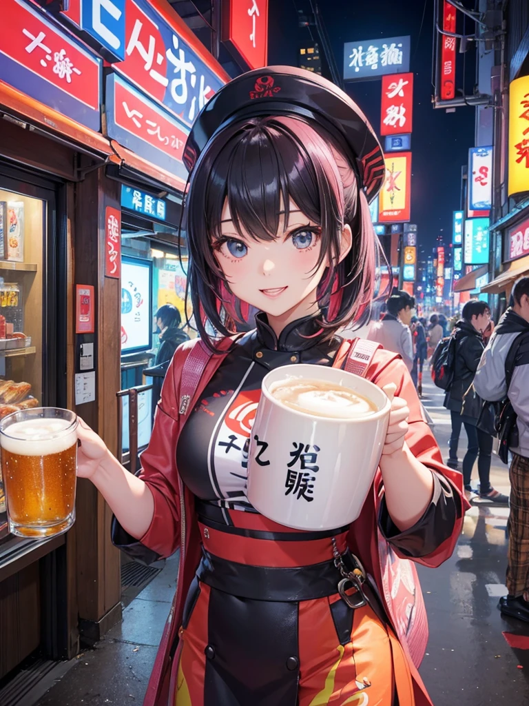 In a futuristic Tokyo setting, a lively Japanese girl is having a great time in a bustling izakaya, holding a large mug of beer in one hand and wearing a bright, cheerful smile. She’s dressed in trendy fashion with the latest hair color and hairstyle that reflects current trends. The surroundings are vibrant, with neon lights and sleek, modern décor that blends traditional and futuristic elements. She strikes a variety of poses, showing off her outfit and energy. The image should be highly detailed, with perfect and accurate anatomy, high resolution, and sharp clarity.