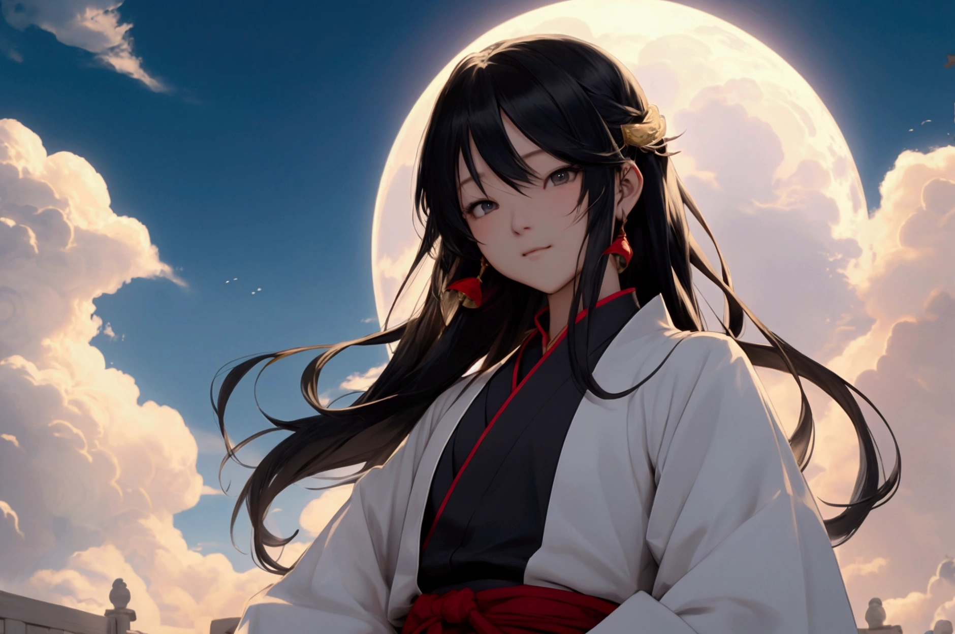 , Anime Styleに変身, 誇張された独特のface立ちと服装, A backlit background that highlights the subject, High contrast color, 4K High Resolution,young, 笑face, Beauty、face、masterpiece, Highest quality, Movie stills, bright, Anime Style, Happy, shine、Age 23、Black Hair、long hair、happiness、null、cloud、星null、Warm and soft lighting, Fortune teller's attire, mysterious、