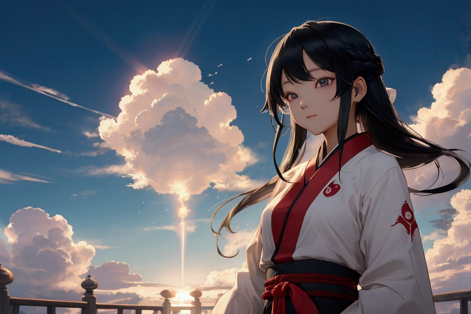 , Anime Styleに変身, 誇張された独特のface立ちと服装, A backlit background that highlights the subject, High contrast color, 4K High Resolution，young, 笑face, Beauty、face、masterpiece, Highest quality, Movie stills, bright, Anime Style, Happy, shine、Age 23、Black Hair、long hair、happiness、null、cloud、星null、Warm and soft lighting, Fortune teller&#39;s attire, mysterious、