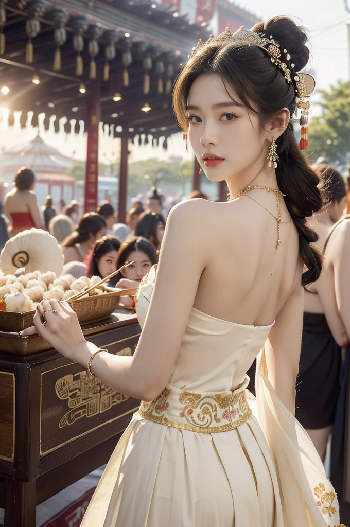 (((best quality))),(((ultra detailed))),(((masterpiece))),illustration,
((1 beautiful young girl,solo)),(bun hair:1.2)((slim,thin)),((small breasts,flat chest)),attractive, traditional Chinese attire,(Gorgeous and intricate headdress:1.3),((earrings,intricate necklace)),(strapless Exquisite embroidered maxi sleeveless sparkled dress:1.3),(standing:1.3),vibrant patterns, radiant complexion, joyful expression,(temple fair:1.3), bustling atmosphere, summer afternoon, sunny weather, cultural festival, street food, roasted skewers, steaming dumplings, sweet cotton candy, stalls, crafts, clothing, appreciative onlookers, sunset, ancient tradition, modern beauty, captivating scene, enchanting,(day scene:1.2),(surrounded by crowded crowds:1.3),((from back,upper body))