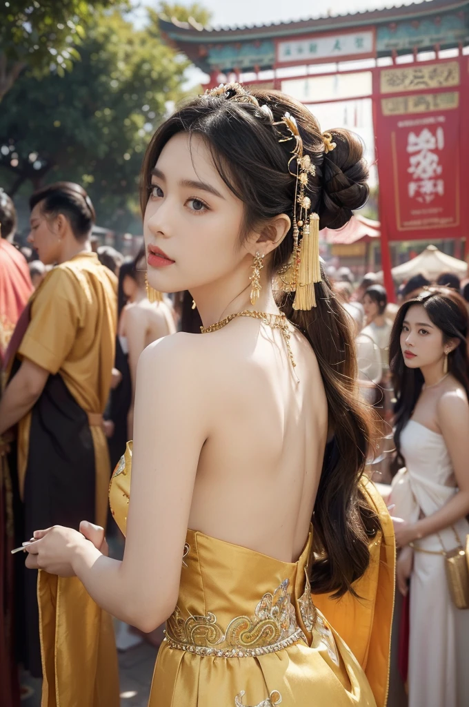 (((best quality))),(((ultra detailed))),(((masterpiece))),illustration,
((1 beautiful young girl,solo)),(bun hair:1.2)((slim,thin)),((small breasts,flat chest)),attractive, traditional Chinese attire,(Gorgeous and intricate headdress:1.3),((earrings,intricate necklace)),(strapless Exquisite embroidered maxi sleeveless sparkled dress:1.3),(standing:1.3),vibrant patterns, radiant complexion, joyful expression,(temple fair:1.3), bustling atmosphere, summer afternoon, sunny weather, cultural festival, street food, roasted skewers, steaming dumplings, sweet cotton candy, stalls, crafts, clothing, appreciative onlookers, sunset, ancient tradition, modern beauty, captivating scene, enchanting,(day scene:1.2),(surrounded by crowded crowds:1.3),((from back,upper body))