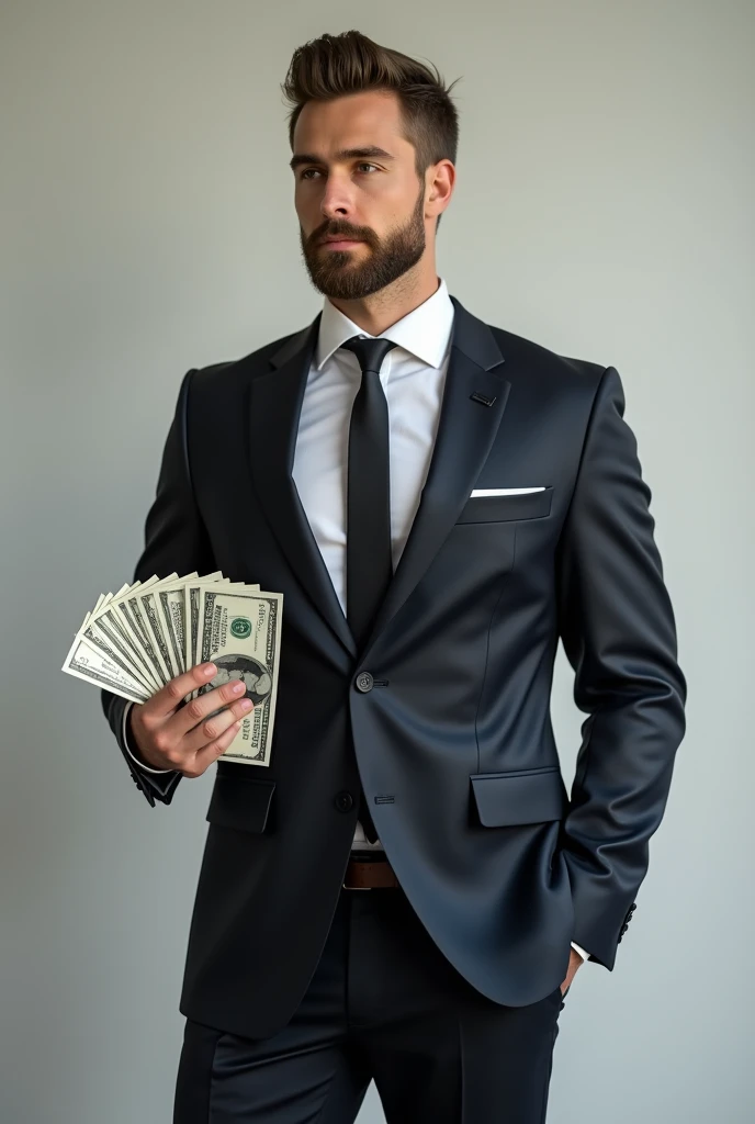 Give me business man image he wear suit and he has beard on his face he show dollars in his money