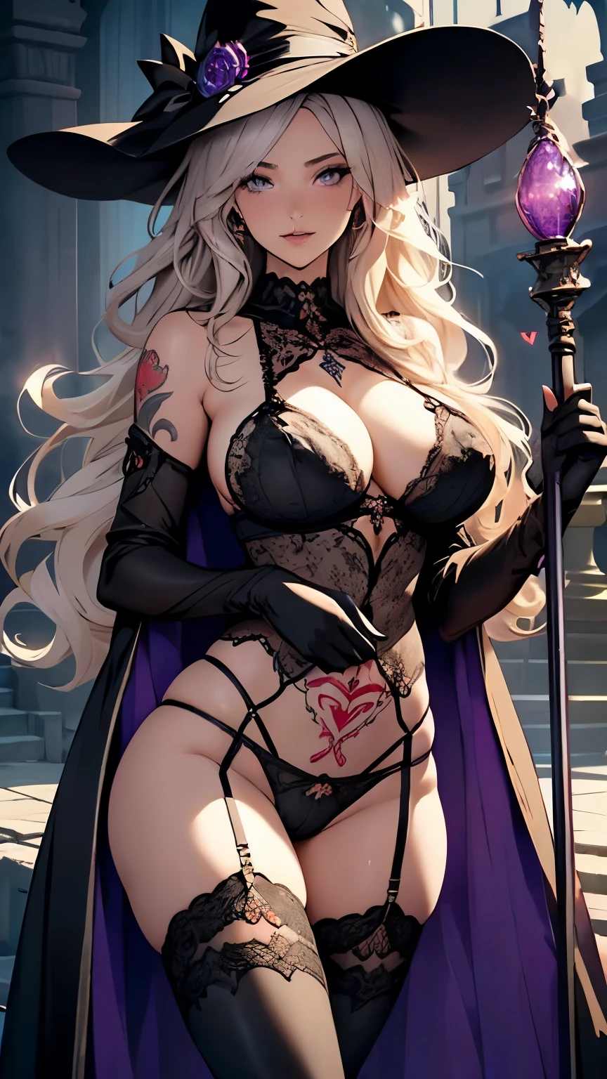 High quality, Ultra detailed, best quality, insanely detailed, beautiful, masterpiece、(Mystical Moon、Magic Light、ancient ruins、Fantastic night world)、(Holding a huge, shiny, long staff:1.5)、Blonde Wavy Hair、Witch Hat、((Black see-through sexy lingerie:1.5)、(Purple Cape)、garter belt、Purple knee-high socks、Black Gloves、Black boots)、((Huge breasts:1.5)、Underboob、Sideboob、(glamorous、Absolute area、Camel toe、Thick thighs、Wide Hips、curve)、Revealing outfit、NSFW)、(Slut、Bitch、Tigress、Prostitute)、(Red glowing crotch tattoo:1.5)、Shooting from below、
