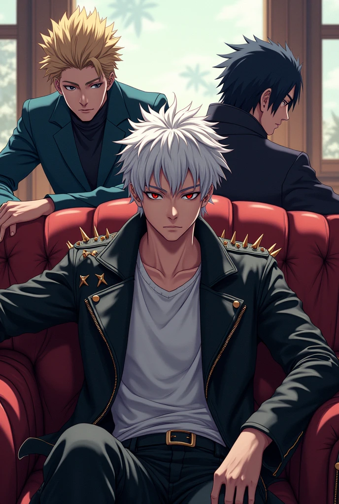 In anime style Create 18 years old handsome boy with white hair and red eyes wearing leather spike jacket sit with madara uchiha and gojo saturo on large couch